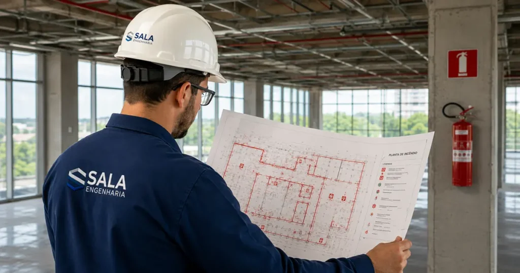 Engenheiro elaborando projeto de segurança contra incêndio para AVCB.