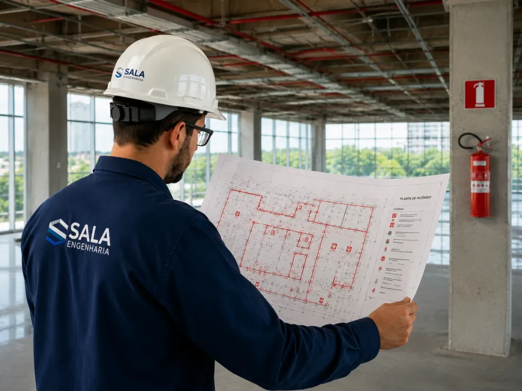 Engenheiro elaborando projeto de segurança contra incêndio para AVCB.