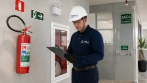 Engenheiro avaliando AVCB vencido para renovação de edificação comercial