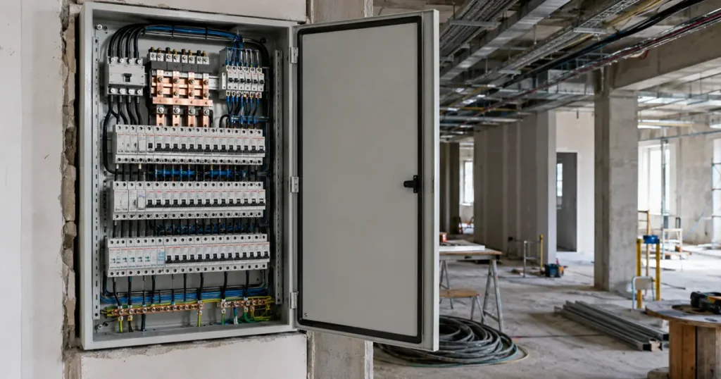 Quadro de distribuição em instalação de baixa tensão.