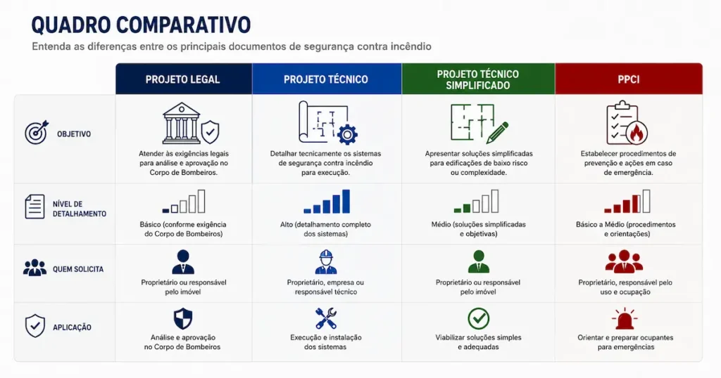 Comparativo entre Projeto Legal, PT, PTS e PPCI
