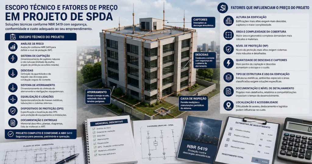 Escopo técnico e fatores de preço em projeto de SPDA