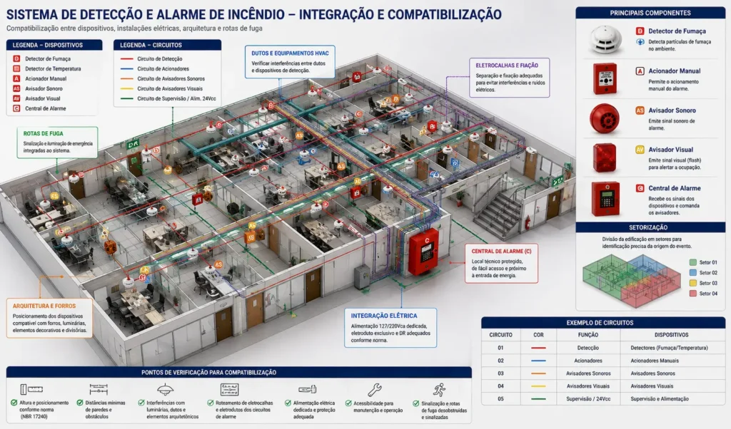 Distribuição do sistema de alarme e detecção de incêndio